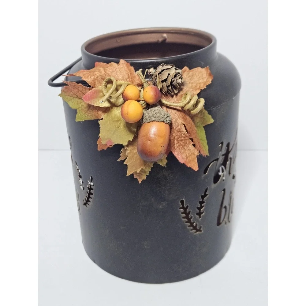 Thankful & Blessed Metal Candle Holder Cutout Jar Faux Foliage Acorn Fall Decor